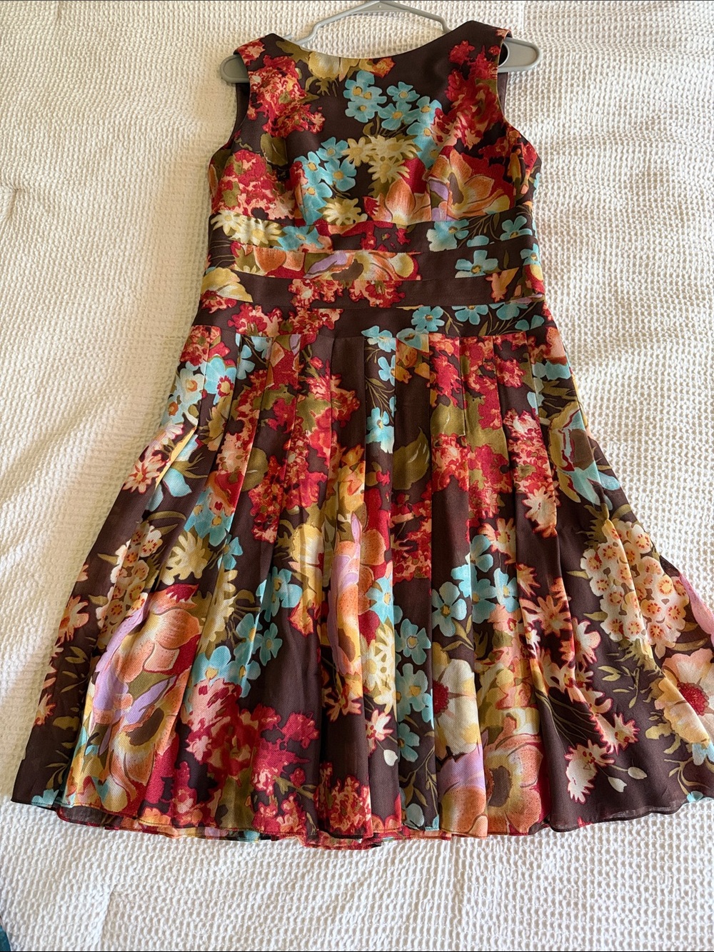 Kay Unger Brown Floral Fit-and-Flare Dress with Turquoise and Red Accents